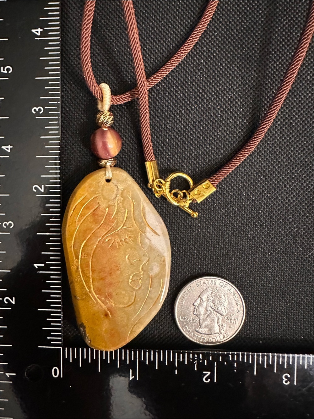Coral Fossil Lady Profile Pendant Necklace on Brown Rope - Picture 14 of 14